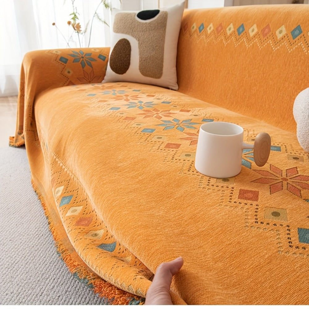 Bohemian Embroidery Chenille Sofa Cover 300GSM - Machine Washable Knit Weave Slipcover for 2 3 4 Seater Sectional Sofa No Padding, 5 Colors
