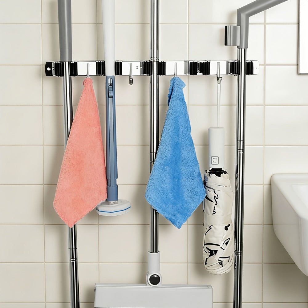 Mop and Broom Holder Wall Mount ¨C Stainless Steel Heavy Duty Self Adhesive Rack with 5 Slots & 4 Hooks, No-Drill Storage Organizer for Kitchen Garage Laundry Garden Home