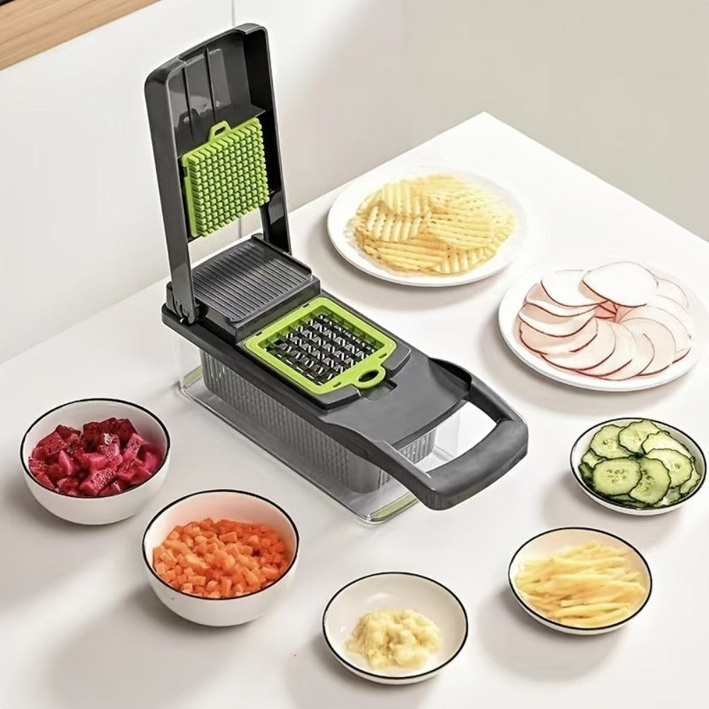 14-in-1 Vegetable Chopper & Food Dicer | Stainless Steel Blades, Large Capacity Collector, Egg Separator, Easy Clean ¨C Manual Kitchen Slicer Grater