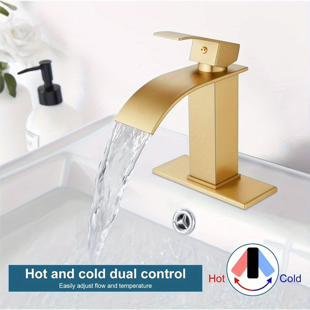 Waterfall Bathroom Sink Faucet, Single Hole or 3-Hole Mixer Tap with 6¡± Deck Plate, Ceramic Valve, Vanity Faucet for Farmhouse RV Bathroom, Brushed Gold Matte Black Nickel Chrome