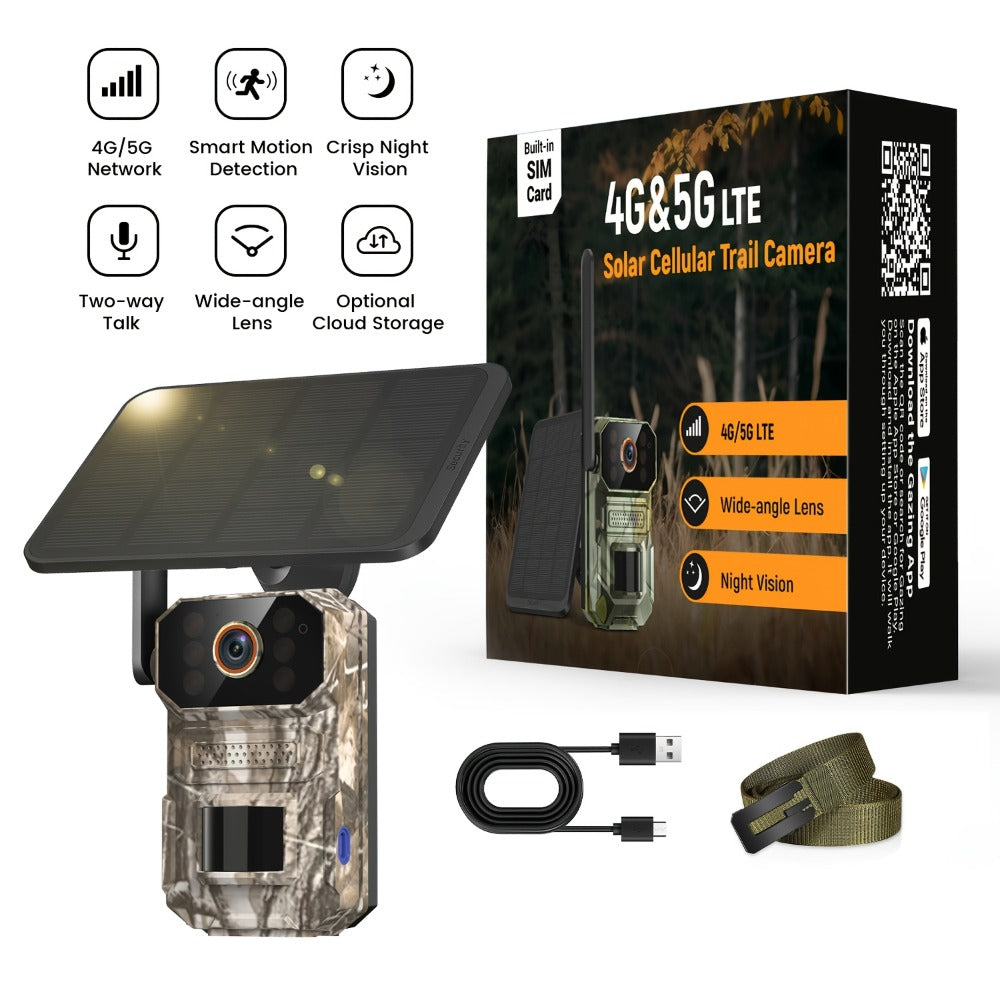 4G LTE Cellular Trail Camera with Solar Panel ¨C 4K Wildlife Monitoring Camera, PIR Motion Sensor, Infrared Night Vision, Two-Way Voice, Remote Access, No WiFi Required, for Hunting & Security (Camo/Brown)