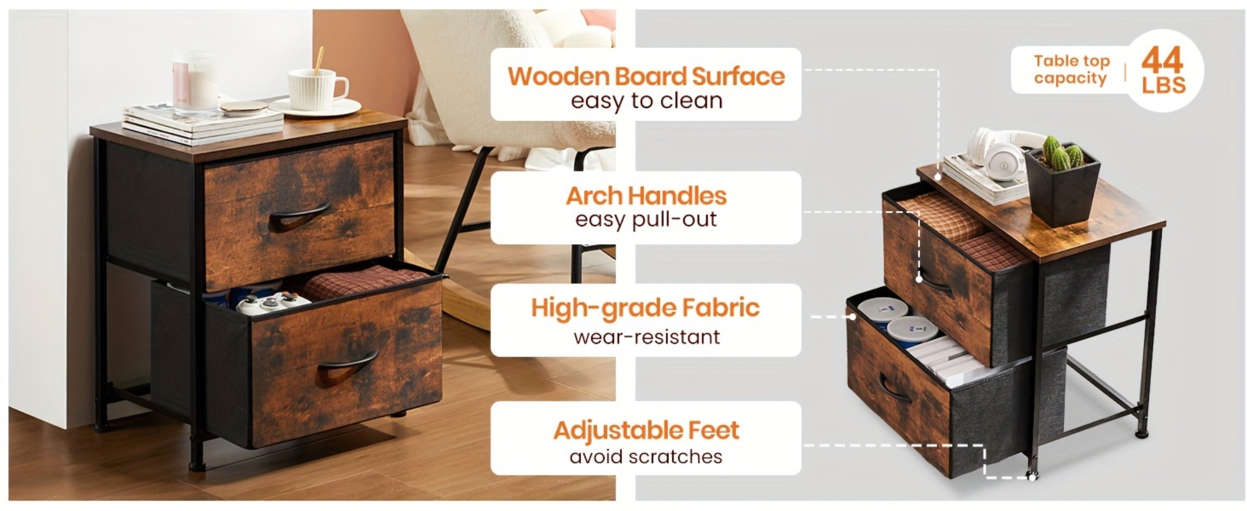 Nightstand with 2 Storage Drawers, 20¡± Bedside Table with Wooden Top & Fabric Cabinet, Steel Frame Mini Dresser for Bedroom, Dorm, Living Room ¨C 1pc or Set of 2pcs, Black White Grey Rustic Brown