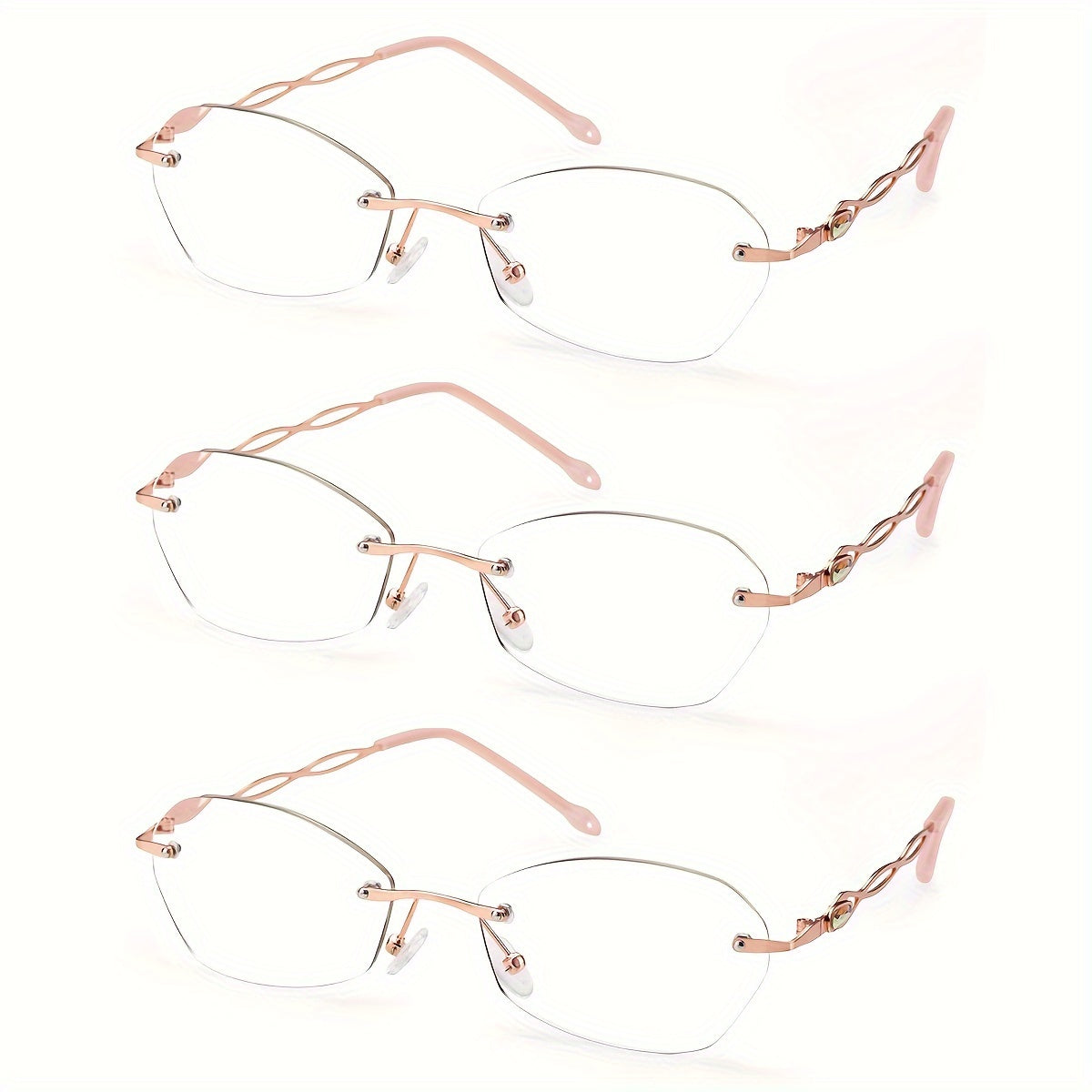 Rimless Reading Glasses for Women 3 Pack - Blue Light Blocking Lightweight Metal Frameless Readers with Anti Eyestrain Lenses, Multiple Colors and Magnifications 1.0X to 4.0X