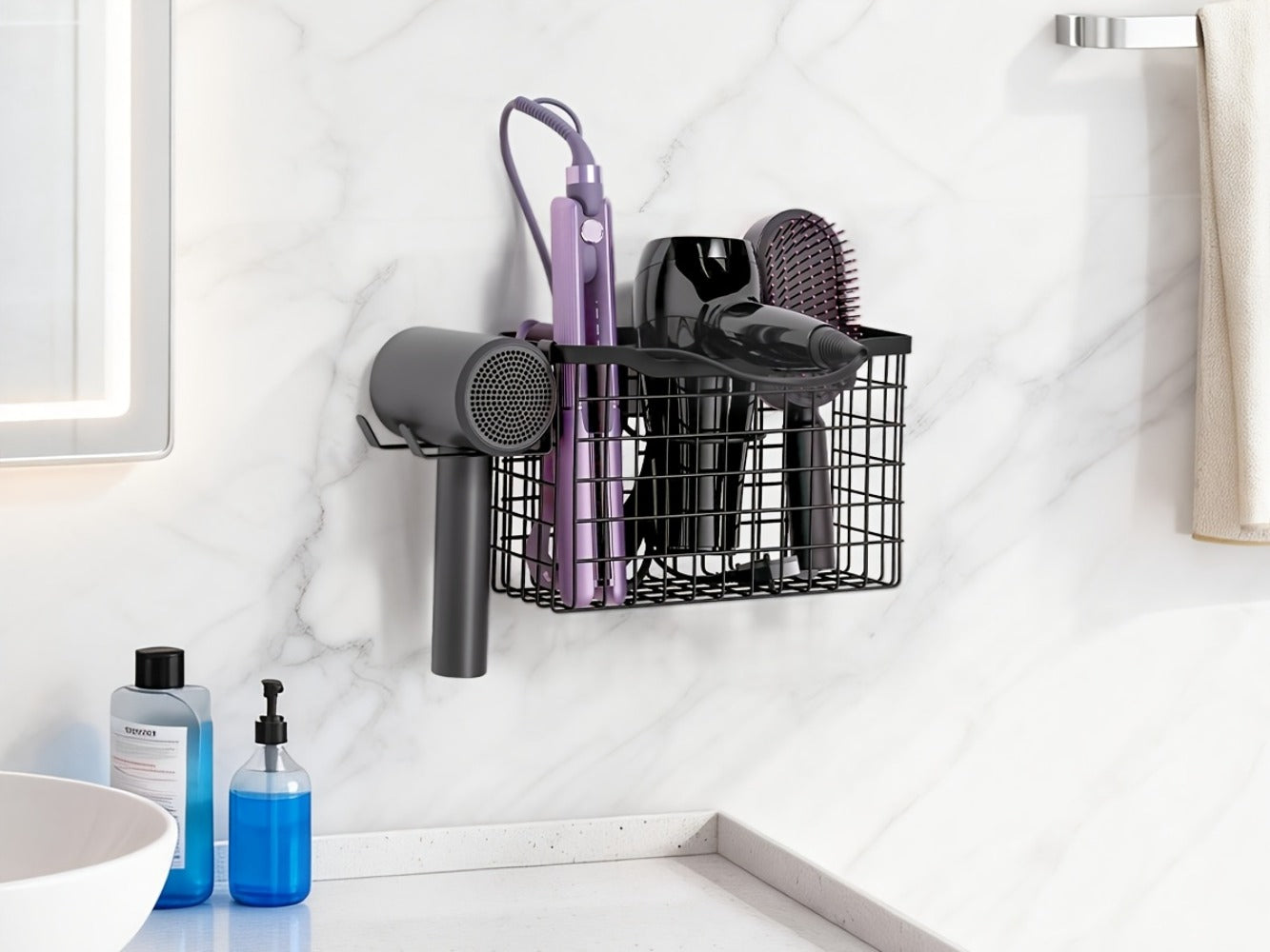 Hair Tool Organizer Wall Mounted Holder for Hair Dryer Curling Iron Straightener 3 Adjustable Heights Bathroom Storage