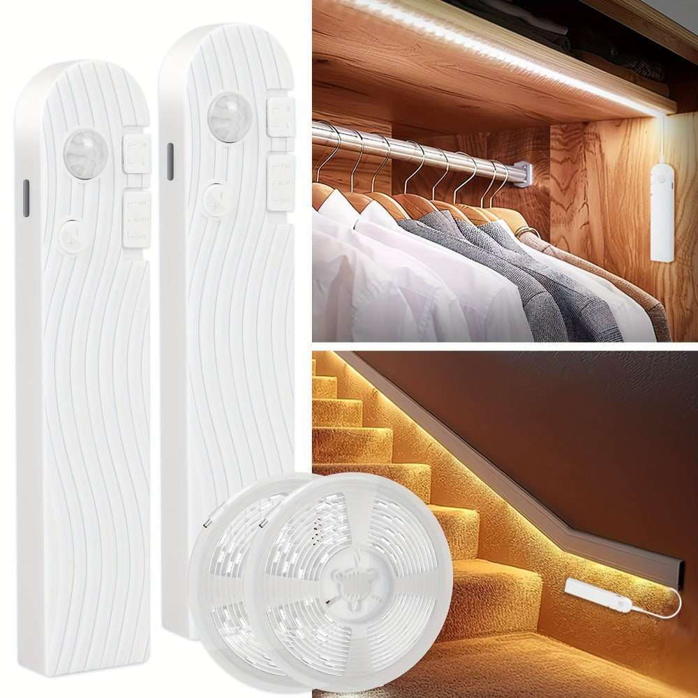 Motion Sensor LED Stair Light Strip 16.4Ft Battery Powered | Rechargeable 2200mAh Auto Motion Activated Indoor Lighting for Staircase, Closet, Pantry, Kitchen & Hallway, Flexible Adhesive LED Strip