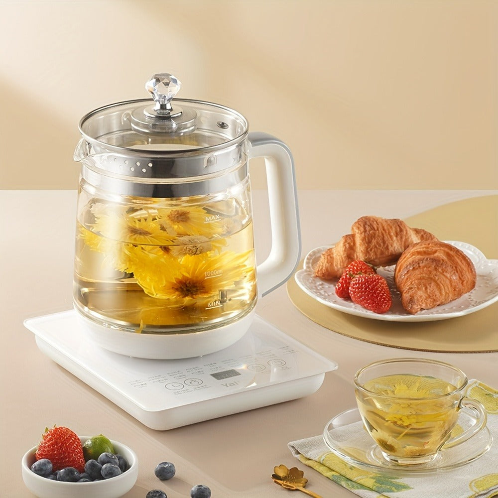 Electric Health Pot Smart Kettle 1.8L Thickened Glass 18 Smart Functions Removable Filter Multi-Functional for Tea Herbal Brewing Camping Home US Plug White