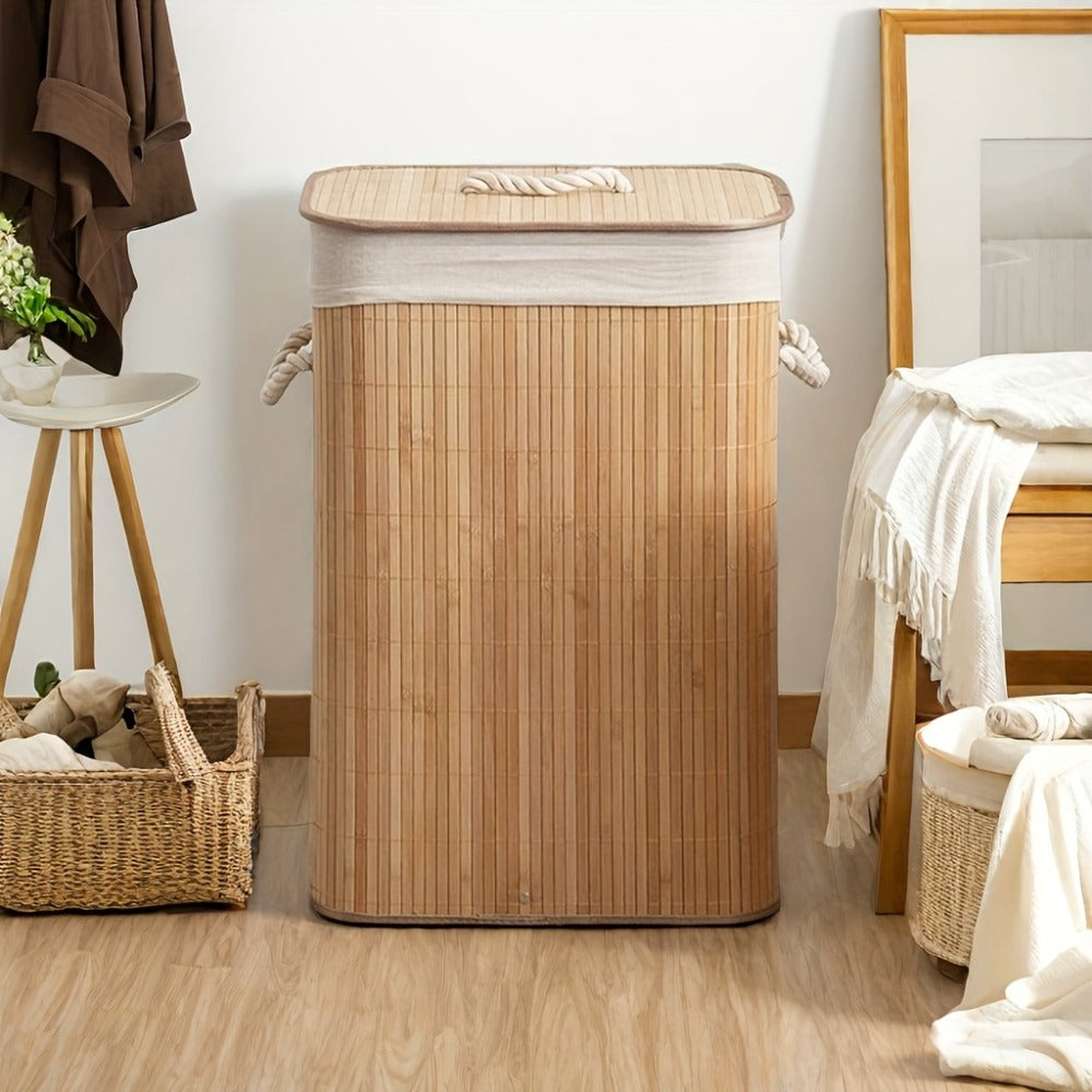 Collapsible Laundry Basket Bamboo Foldable Rattan Clothes Hamper - Space Saving Rectangular Storage Bin for Bedroom, Dorm Room & Bathroom, No Tools Assembly, Upgrade & Standard Models Available
