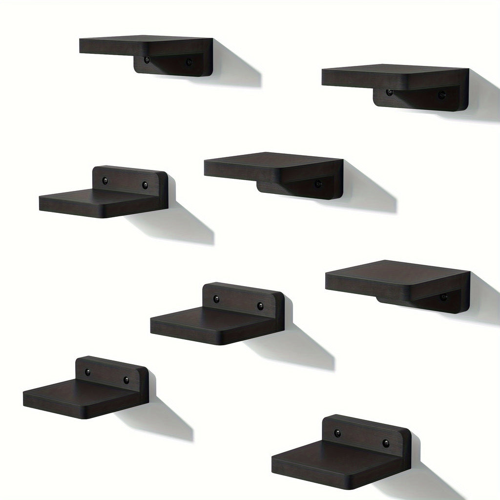Wall Mounted Wooden Shelves Set of 8 - Small 4 Inch Floating Shelves for Bedroom, Bathroom, Kitchen & Office Decor and Storage, Rustic Style (Pure Black)