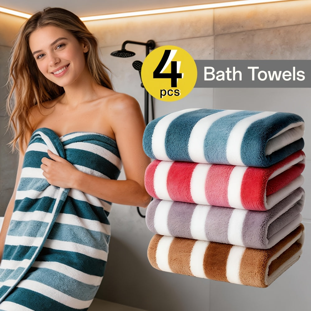 Striped Bath Towel Set 1 or 4 Pack 346GSM - 100% Polyester Super Soft Skin Friendly Absorbent Quick Dry | 70x140cm 27.6x55.1in | Green Gray Red Multi-Color | Home Bathroom Beach Essentials