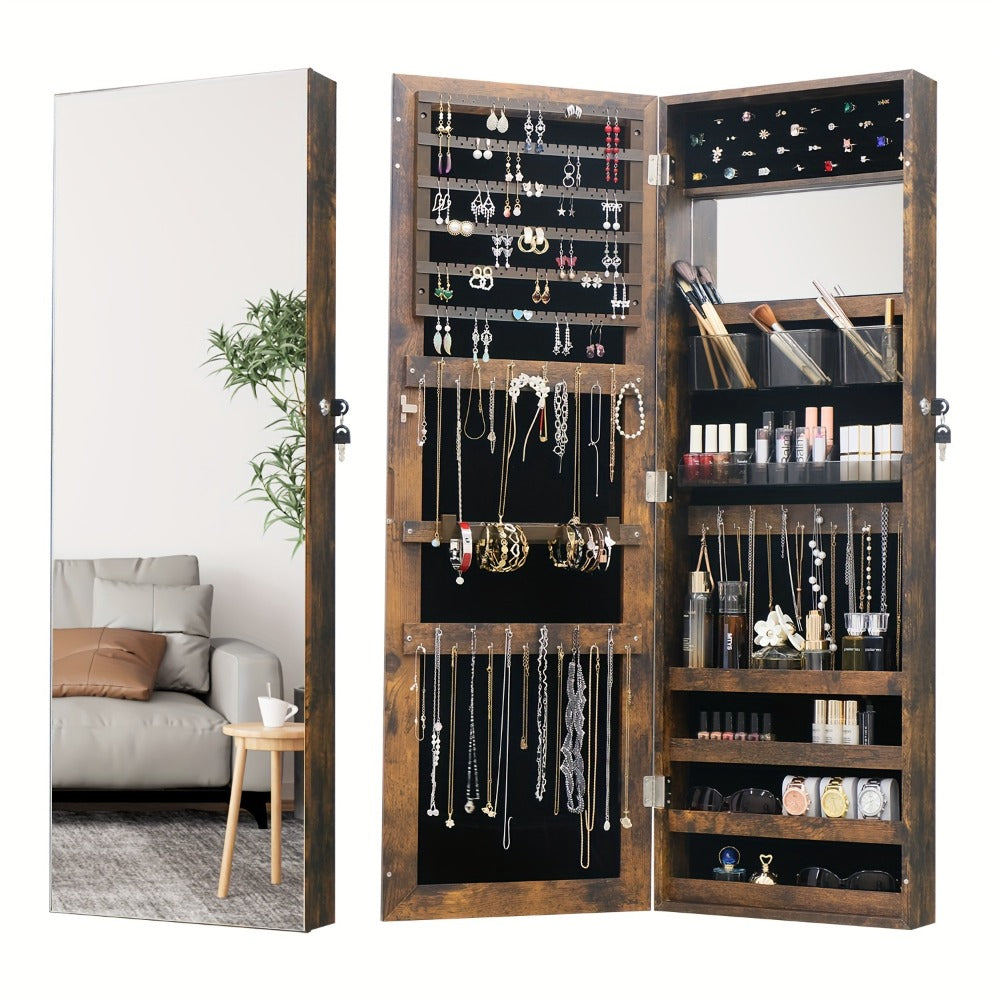 Full Length Mirror Jewelry Armoire Cabinet, 2-in-1 Lockable Over the Door Mirror with Jewelry Storage, Makeup Organizer with Baskets Bins & Hooks, Bedroom Vanity Jewelry Cabinet in Black White Brown