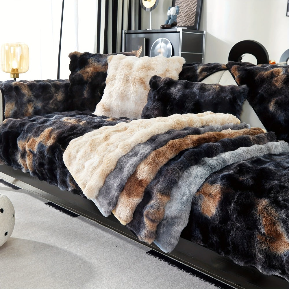 Plush Sofa Cover Faux Lamb Thick Fluffy Couch Slipcover Pet Friendly Machine Washable Gradient Color Polyester Furniture Protector for Armchair Single Double Triple Sofa Living Room Home Decor
