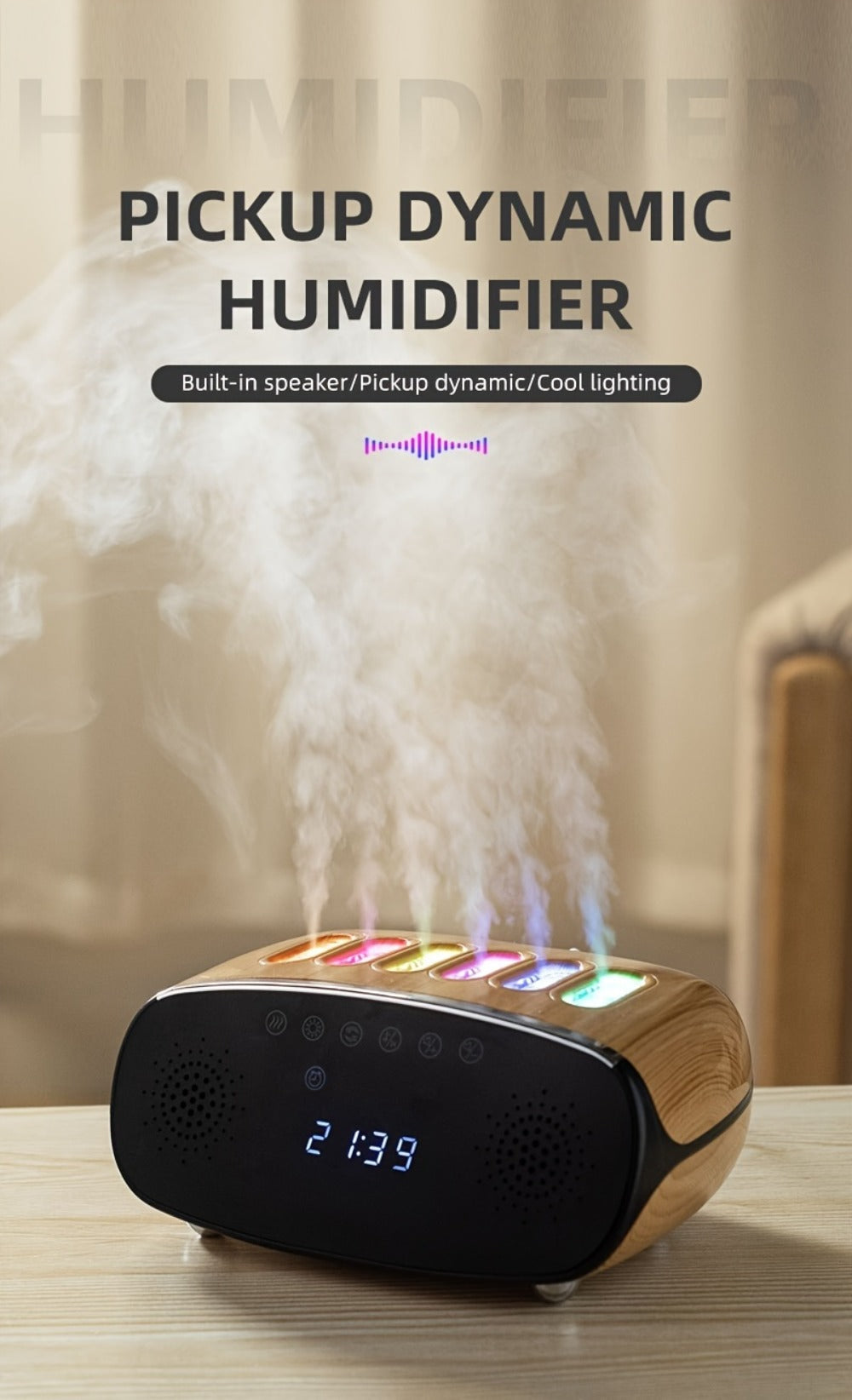 Humidifier with Bluetooth Speaker, LED Display & Alarm Clock - High Mist Output, Remote Control, Wood Grain Cool Mist Humidifier for Bedroom, Living Room & Home Office Decor