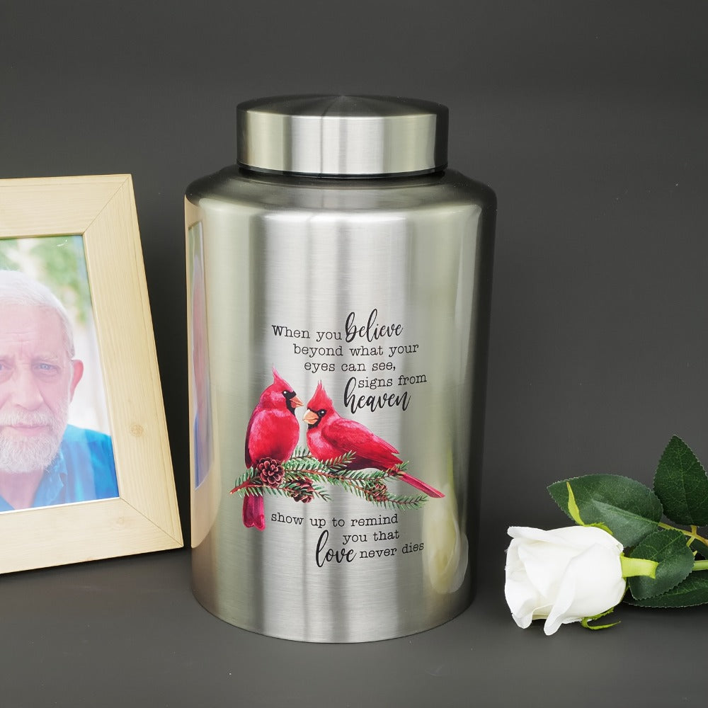 Cremation Urns for Human Ashes Large ¨C Stainless Steel Memorial Urn Holds 220 lbs, Decorative Butterfly Cardinal Fairy Design, Screw Lid & Seal Ring, Velvet Pouch Included, Adult Funeral Keepsake Urn