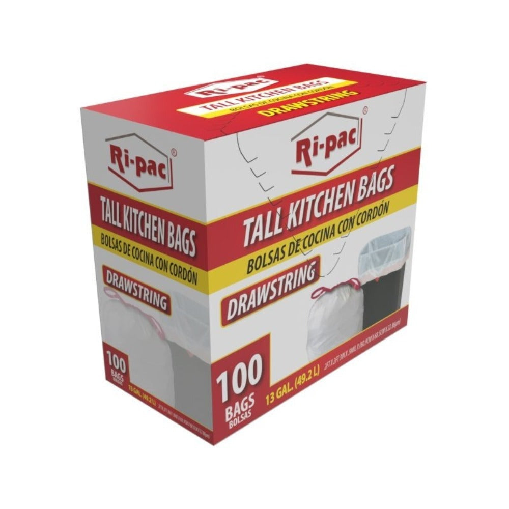 White Drawstring Trash Bags 13 Gallon 100 Count, Tall Kitchen Garbage Bags 0.9 Mil, 2 ft x 2 ft 3 in, Easy-Tie Drawstring Closure, Affordable Value Pack for Kitchen, Bathroom & Office Trash Cans