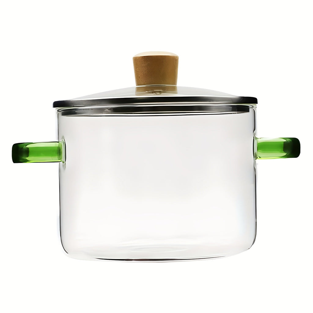 Glass Cooking Pot 54oz 1600ml Borosilicate Heat-Resistant with Lid ¨C Transparent Dumpling & Ramen Pot for Stove & Oven | Odorless Easy-Clean Soup Milk Pot with Green or Yellow Stainless Steel Handle
