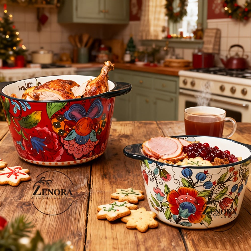 Giant Ceramic Extra-Deep Serving Bowl With Handles, 101oz, Bohemian Hand-Painted, Chip-Resistant, Microwave Dishwasher Oven Safe, Soup Salad Ice Cream Bowl, Family Kitchen Serving Set, Wedding Gift (2pcs)