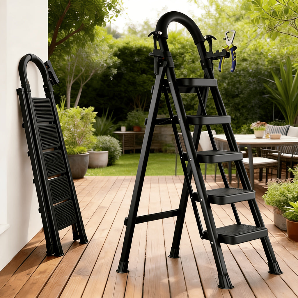 Folding Step Stool Ladder 500lbs Heavy Duty Steel with Anti-Slip Wide Treads & Handrails ¨C Safety Lock, Portable Multi-Step Ladder for Home, Kitchen & Outdoor Use, Mini / Medium / Large