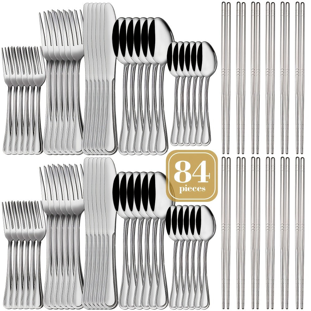 84-Piece Golden Cutlery Set Service for 12 | Knife Fork Spoon Set for Family Gatherings Camping BBQ Kitchen Utensils