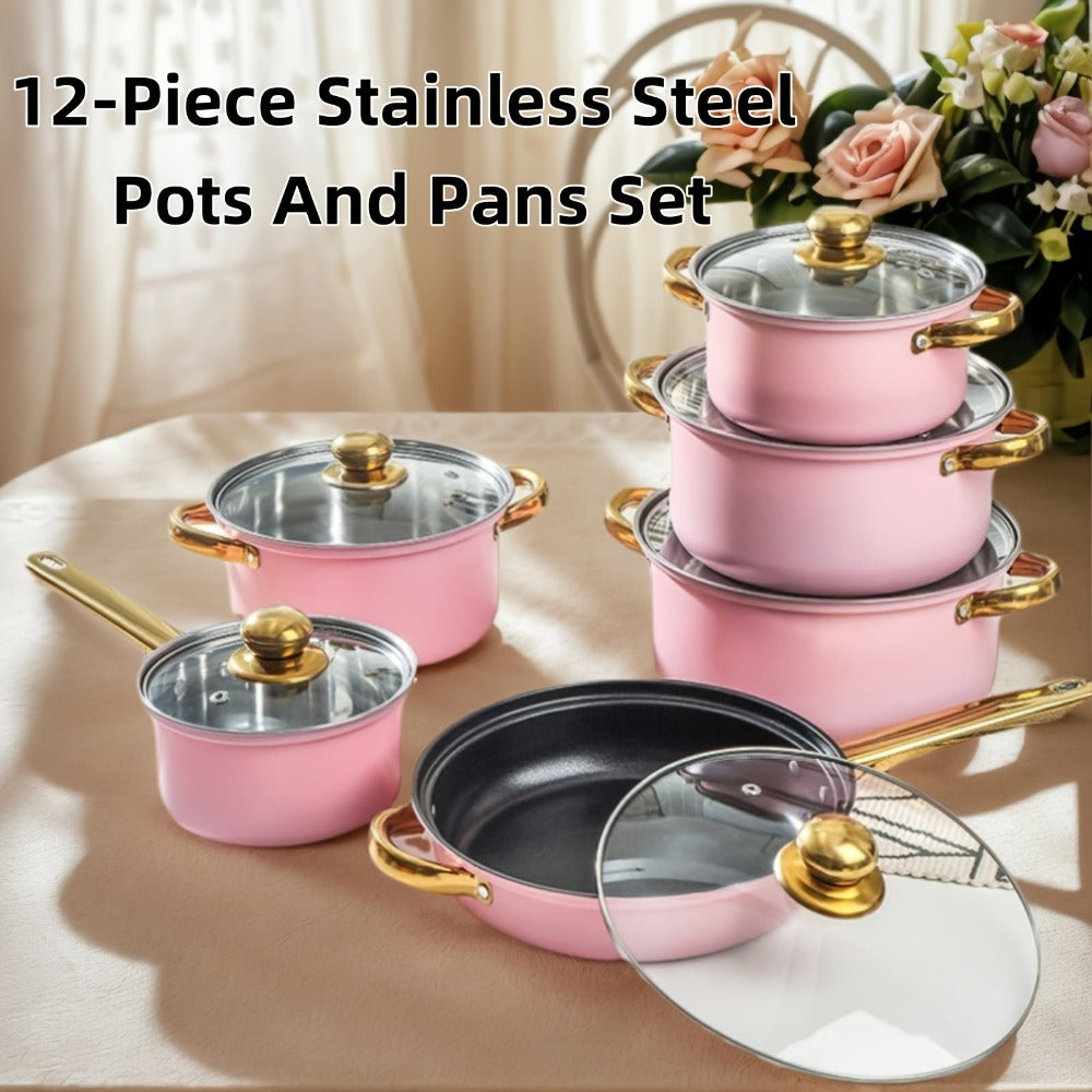 Stainless Steel Cookware Set 10 12 15 Piece Pots with Lids Double Handles Cooking Pot Set for Soup Hot Pot Noodles Pasta Home and Restaurant Kitchen Multiple Colors and Sizes Available