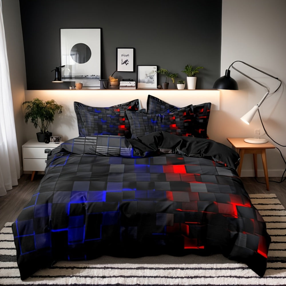 Duvet Cover Set Queen King Twin Full 3D Geometric Cube Print | 3-Piece Polyester Bedding Set | Black Blue Grid Pattern | All-Season Soft Quilt Cover + 2 Pillowcases | Machine Washable