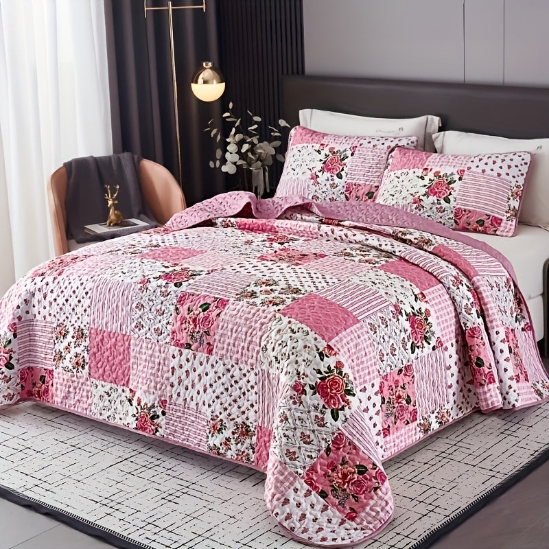 Quilted Bedspread Set 3 Piece Pink Floral Patchwork Comforter Set with 2 Pillowcases, Machine Washable All Season Bed Cover, Soft Breathable Bedroom Bedding Set Twin Full Queen King
