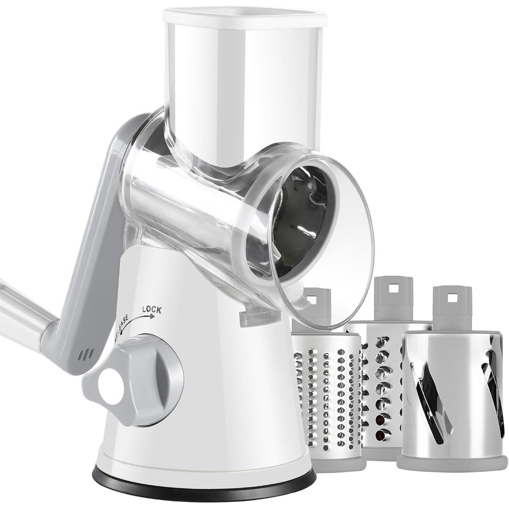 Rotary Cheese Grater ¨C Stainless Steel Hand Crank Shredder with 3 Interchangeable Blades, Non-Slip Suction Base & Cleaning Brush, BPA-Free Vegetable Grater for Cheese, Nuts & Vegetables