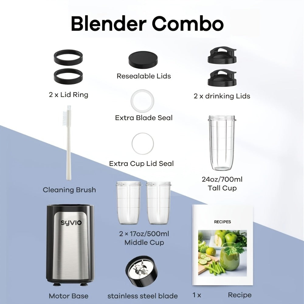 Personal Smoothie Blender 15pcs - Blender for Shakes and Smoothies with Grinder Combo 2-Speed Control - 4 BPA-Free Portable Blender Cups Smoothie Maker for Home Gym Travel - Silvery Black