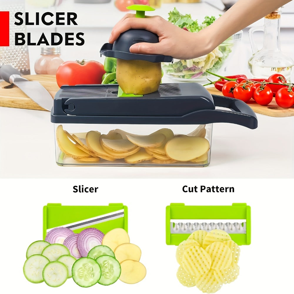 Vegetable Chopper 16-in-1 Multifunctional Food Chopper Slicer & Dicer ¨C Manual Kitchen Chopper with 8 Interchangeable Blades & Container for Fruits, Vegetables & Onions ¨C 1-10L Capacity