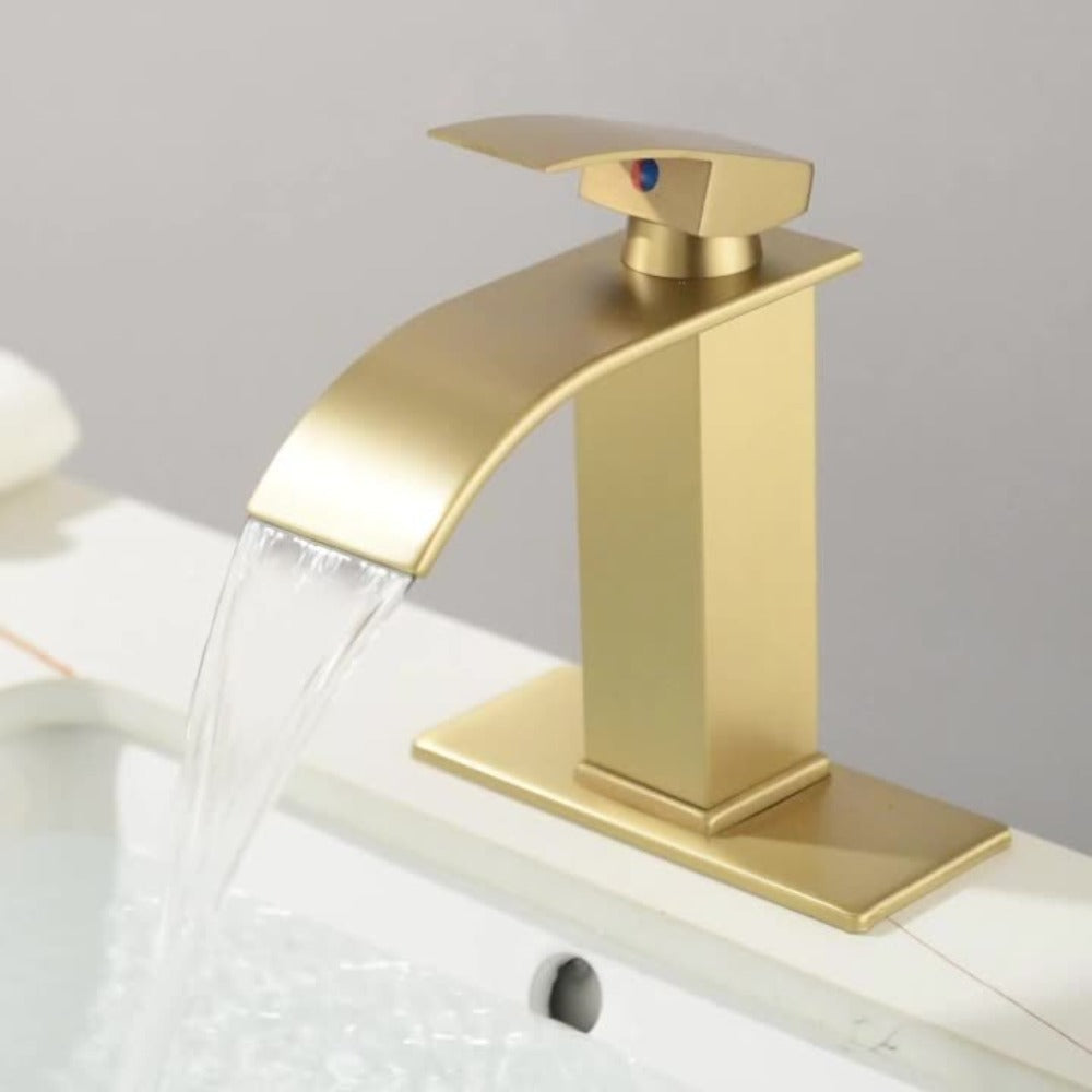 Waterfall Bathroom Sink Faucet, Single Hole or 3-Hole Mixer Tap with 6¡± Deck Plate, Ceramic Valve, Vanity Faucet for Farmhouse RV Bathroom, Brushed Gold Matte Black Nickel Chrome