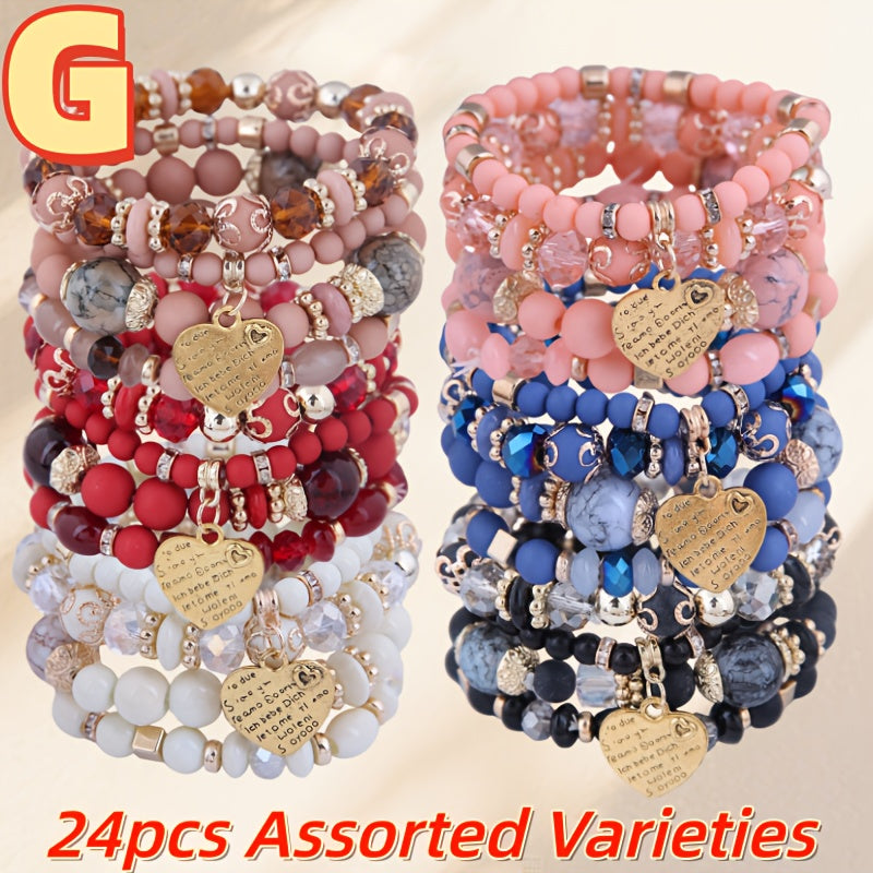 Bohemian Beaded Bracelet Set 24pcs ¨C Multi-Layer Wooden Bead Elastic Bracelets with Butterfly Elephant Tree Pendant, Handmade Colorful Tassel Wristbands for Women Men, Party Gift & Daily Wear