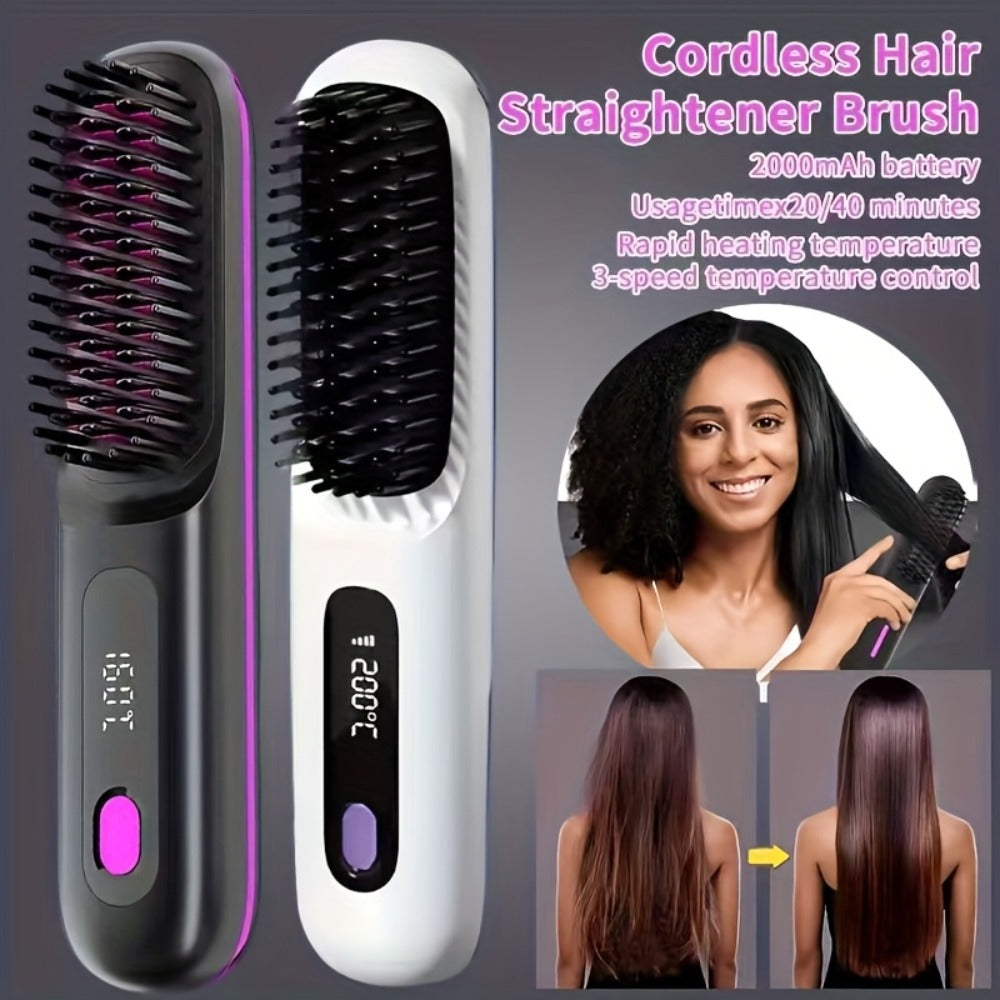 Portable Wireless Hair Straightener Comb USB Rechargeable 3-Speed Temp Control Negative Ion LED Display Lightweight for Travel