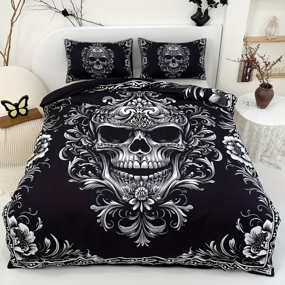 Skull Duvet Cover Set 3pcs ¨C Gothic Victorian Baroque Black & White Skull Bedding with 2 Pillowcases, Digital Print Halloween Bedroom Decor (Twin, Full, Queen, King ¨C No Insert)