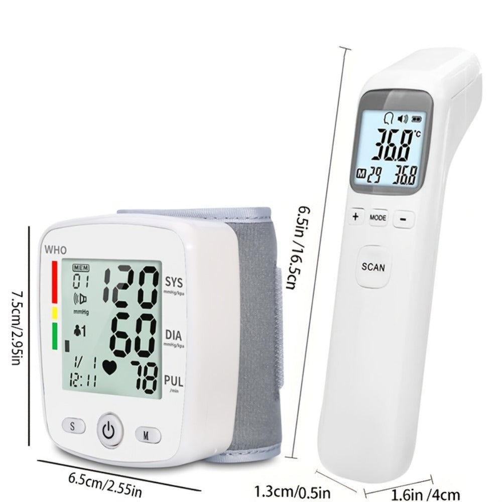 Blood Pressure Monitor Wrist & Forehead Thermometer 2-in-1 Set, Rechargeable with 2x99 Memory, Large LCD, Voice Broadcast, Adjustable Cuff