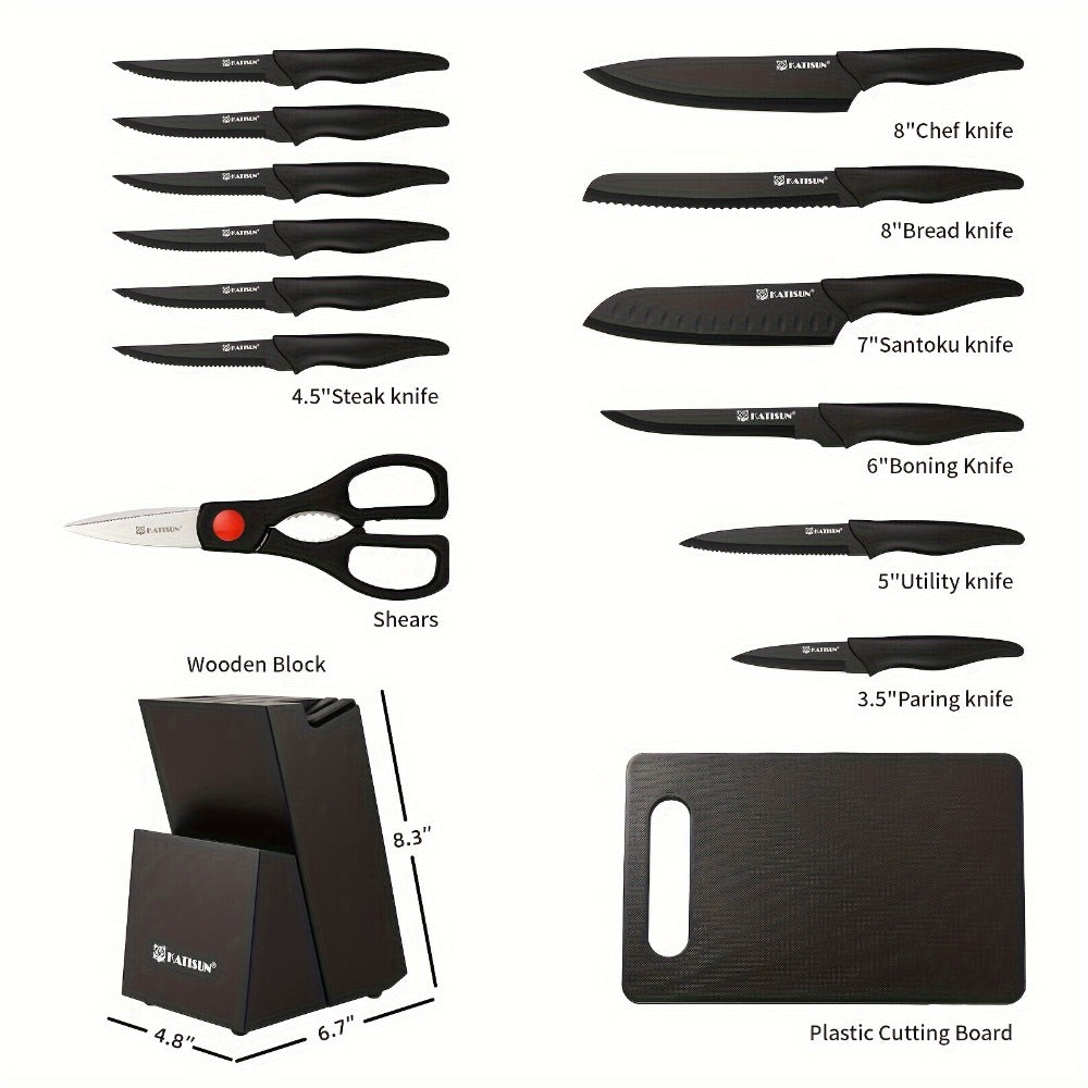Kitchen Knife Set 15 Piece Professional Chef Knife Set with Wooden Block Non-Slip ABS Handle Cutting Board Kitchen Shears Black Coded Knives for Home Restaurant