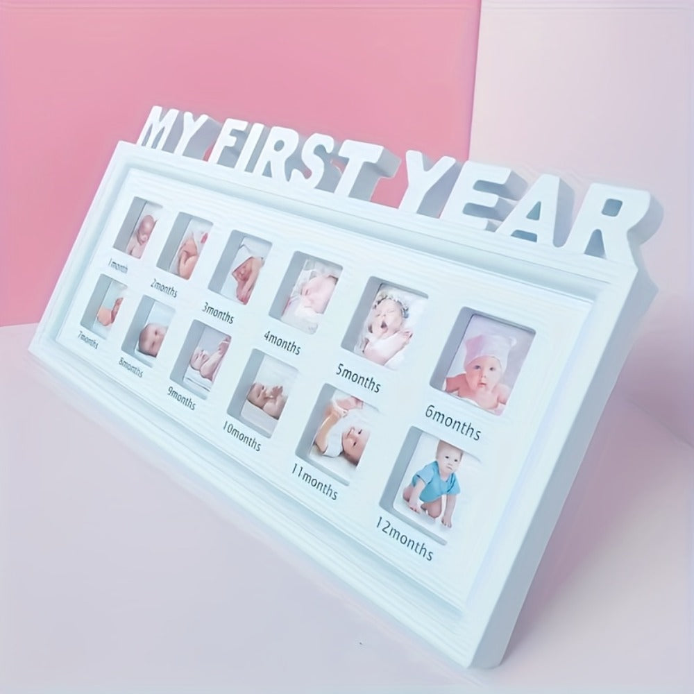 Baby First Year Picture Frame Newborn Memory Keepsake - White Photo Frame Gift for New Mom with Milestone Display, 17.32x9.06 Inch Nursery Wall Decor for Baby Shower First Birthday Gifts