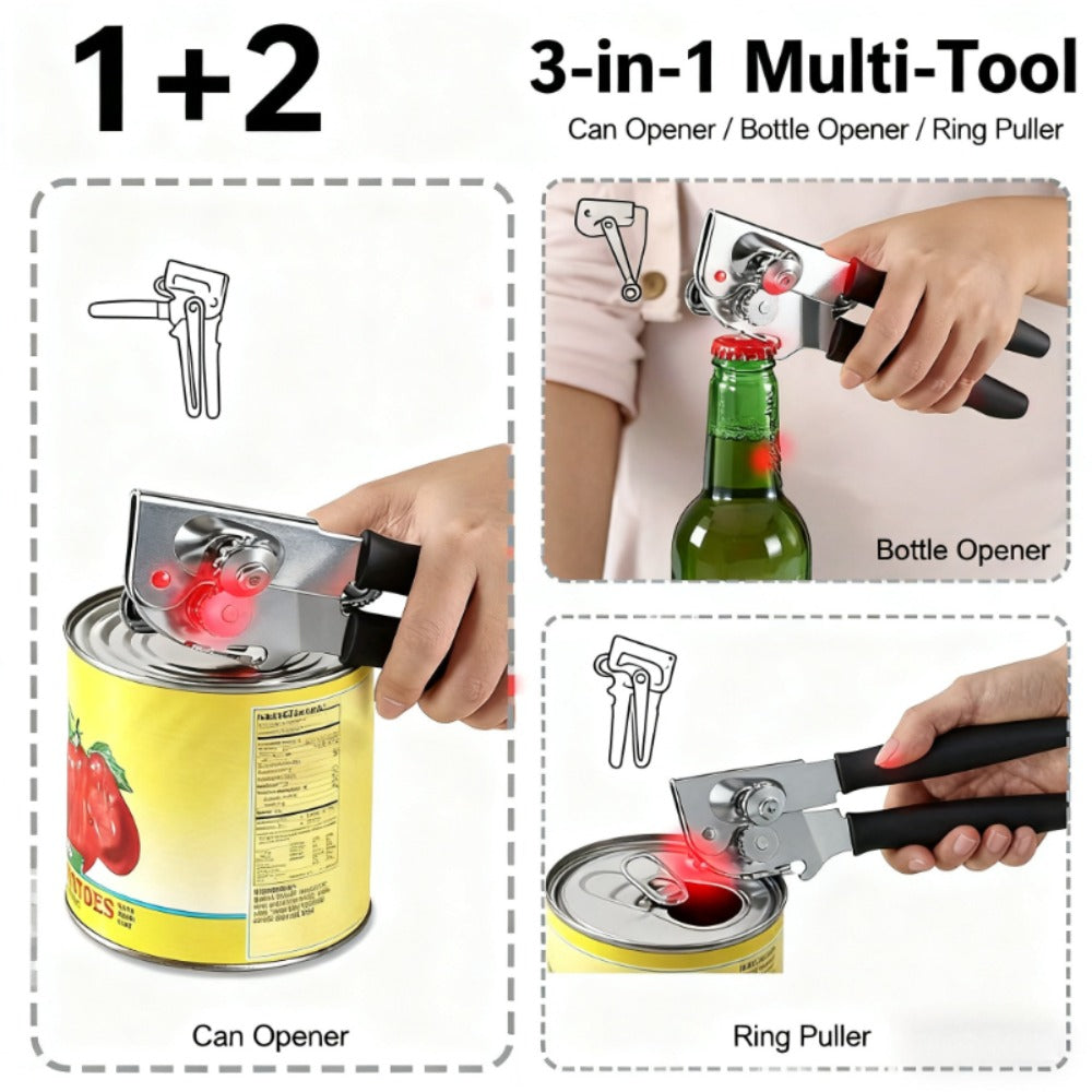 Can Opener 3-in-1 Stainless Steel Manual Can Opener with Smooth Edge Bottle Opener Ergonomic Handle Heavy Duty Kitchen Tool Universal Fit Home Cook Chef Gift 2 Pack