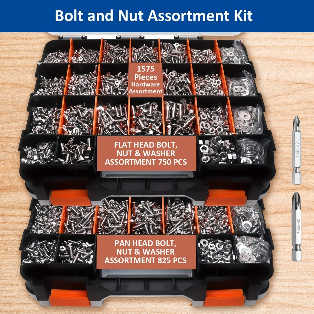 1575pcs 304 Stainless Steel Nuts and Bolts Assortment Kit ¨C Pan Head Flat Head Screws Nuts Washers with Double-Sided Storage Box for Home & Mechanical Repairs