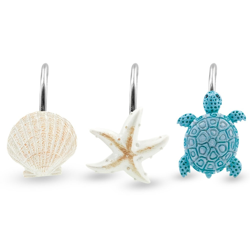 12pcs Resin Marine Shower Curtain Hooks ¨C Blue Turtle & Starfish Shell Decorative Bathroom Curtain Ring Hangers Home Decor Accessories