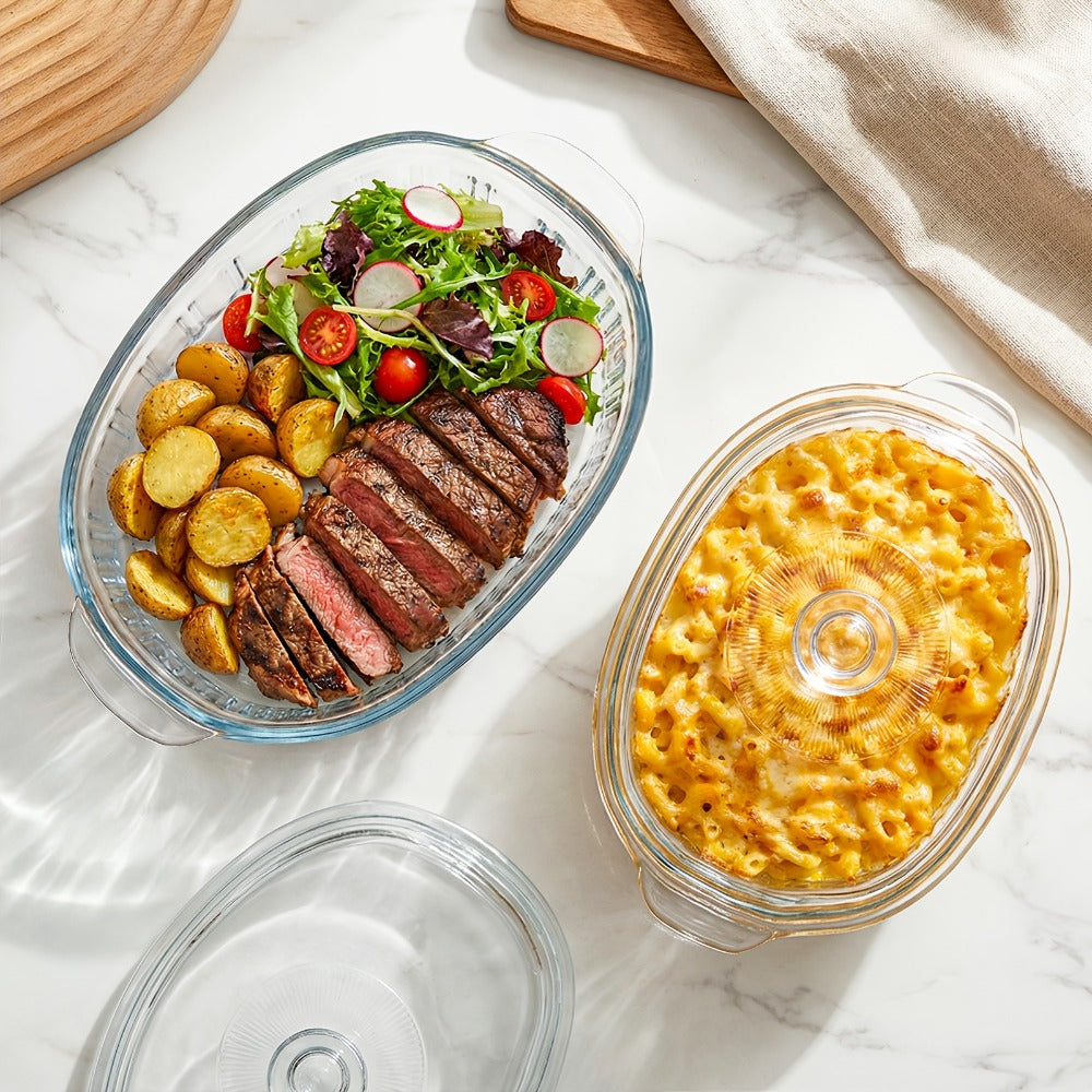 Borosilicate Glass Baking Dish with Lid 96oz ¨C Oval Casserole Pan Microwave Oven Fridge Safe | Multi-Use for Baking, Meal Prep, Grilled Fish, Salad & Food Serving | Kitchen Bakeware with Cover