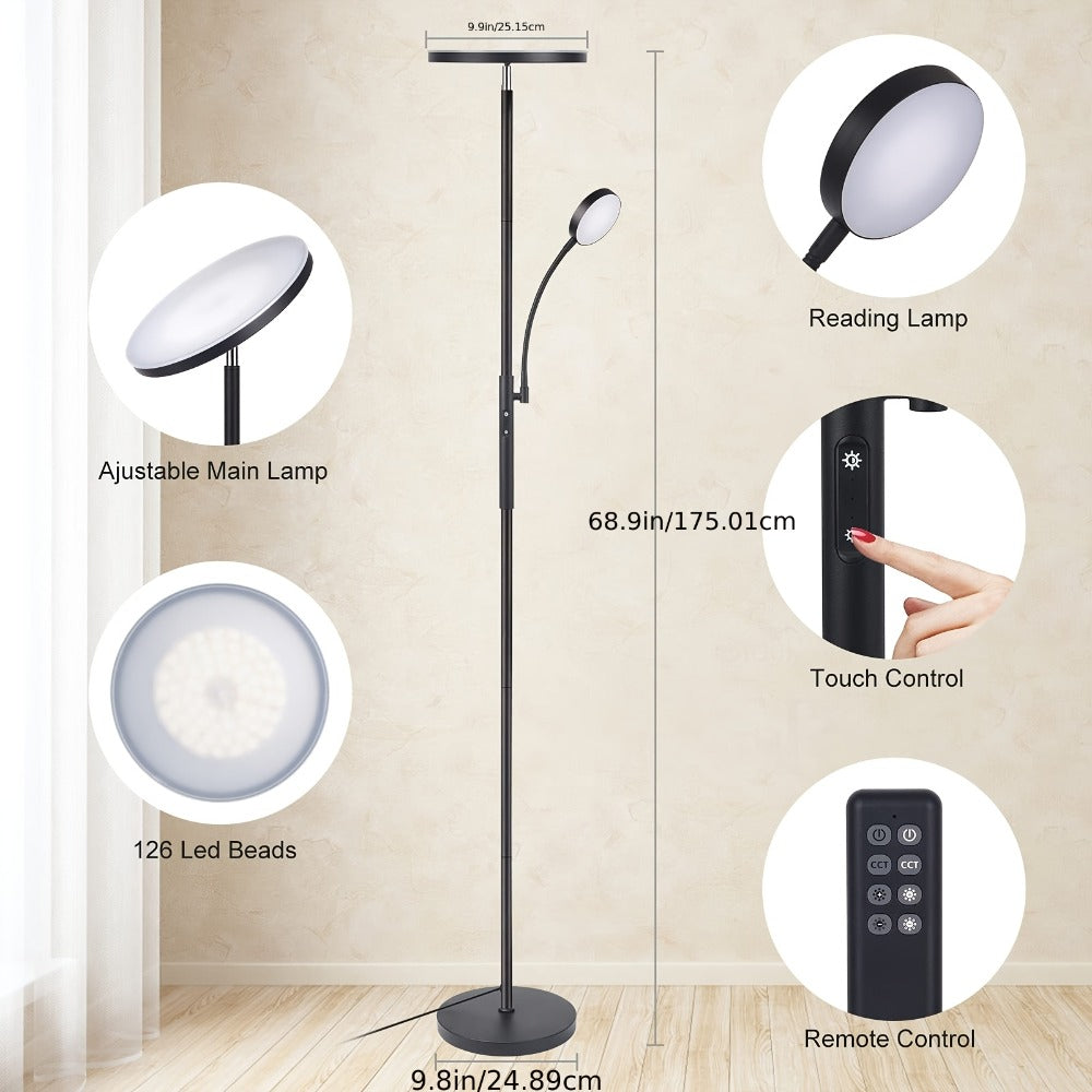 LED Floor Lamp with Reading Light ¨C 27W 2300LM Dimmable Torchiere Standing Lamp, 4 Color Temperatures, Remote & Touch Control, Metal Base for Living Room Bedroom Home Office (Black/White)