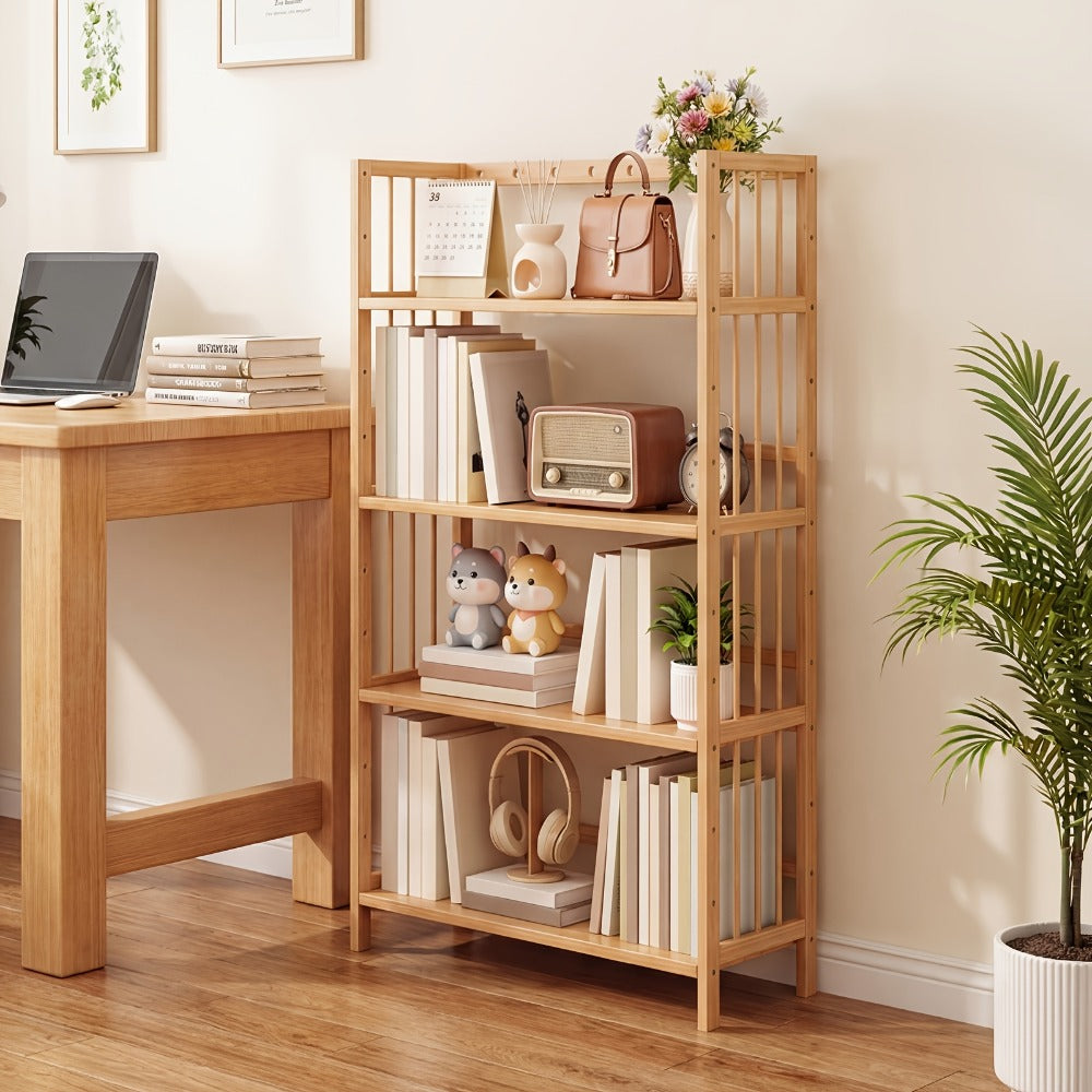Bamboo Bookshelf Narrow 4 Tier Adjustable Shelves Wooden Bookcase Storage Shelf Organizer for Small Spaces Bedroom Living Room Home Office Standing Shelf