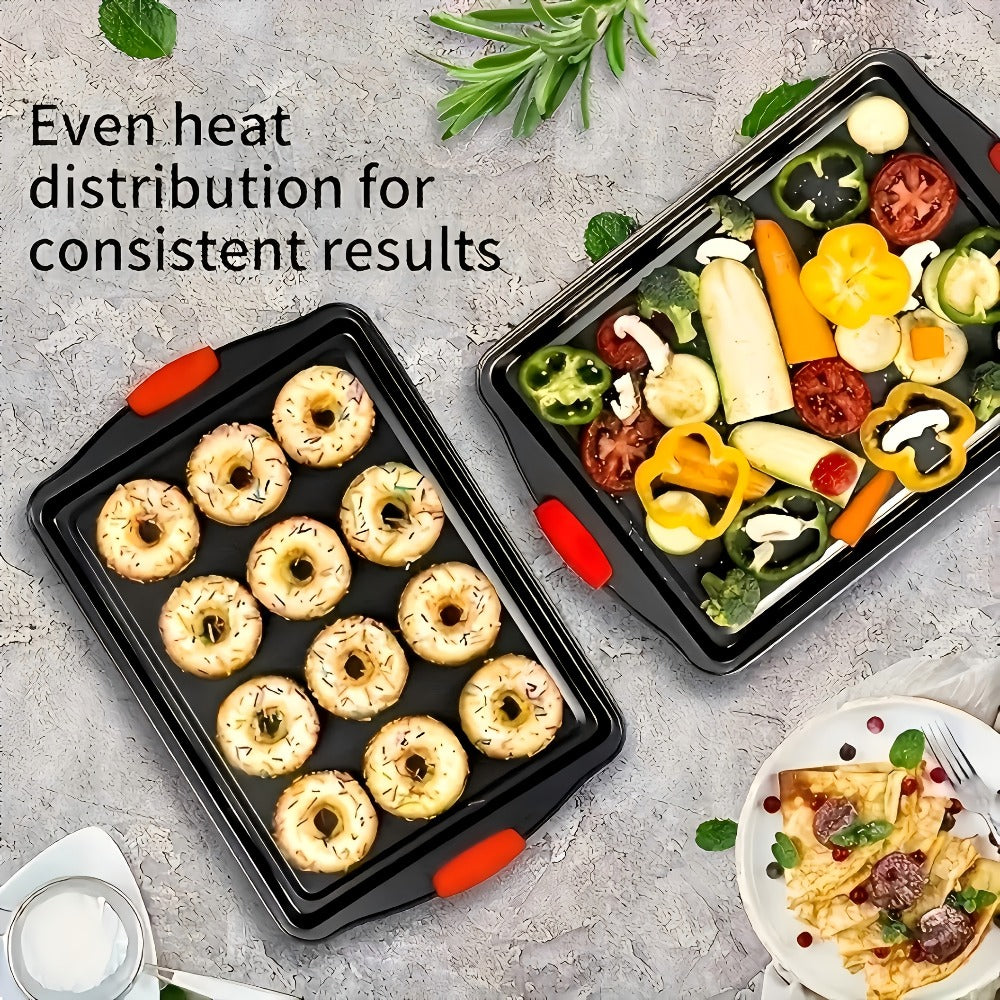 Nonstick Baking Pan Set of 3, Carbon Steel Baking Sheets with Red Silicone Handles, Double-Sided Non-Stick Coating, Oven & Toaster Safe, Professional Bakeware for Home & Commercial Kitchen Use