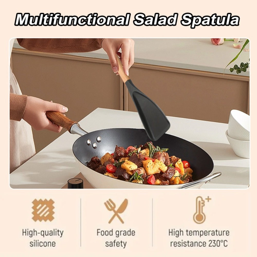 Silicone Kitchen Utensil Set 2/4 Pcs ¨C 12-Inch Wood Handle Cooking Tools with Stay-Cool Grip for Frying, Baking, Mixing & Serving, Non-Stick Cookware Safe Spatula & Spoon Kit
