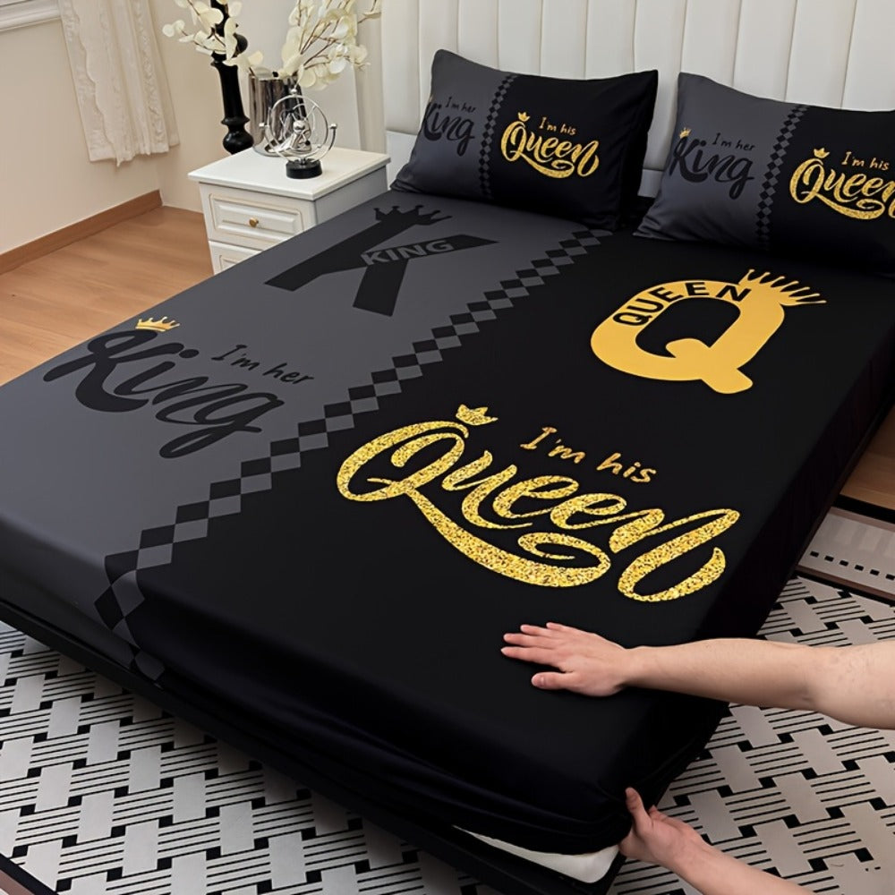 Bed Sheet Set 3 Piece Super Soft Microfiber Fitted Sheet with Pillowcases - Deep Pocket 15 Inch Crown Letter Print Color Block Bedding Twin Full Queen King All Season