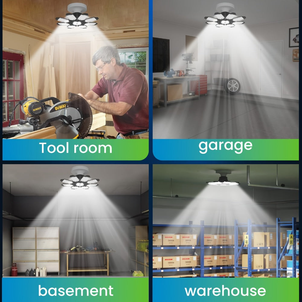 LED Garage Lights 25000LM Deformable ¨C 250W Equivalent E26/E27 Screw-In Ceiling Shop Light with 6+1 / 8+1 Adjustable Panels for Garage, Basement, Attic & Warehouse (1, 2 or 4-Pack)