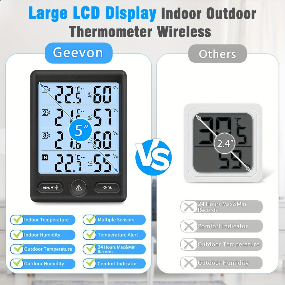 Indoor Outdoor Thermometer Wireless with 3 Remote Sensors - Digital Hygrometer Temperature Humidity Monitor, 200FT Range, Large Display, Backlight, Low Battery Alarm, High Accuracy, Black or White