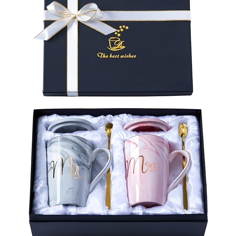 Mr and Mrs Mugs Wedding Gift Set 14oz Ceramic Marble ¨C Bride and Groom Couples Mugs | Bridal Shower Engagement Anniversary Gift | Reusable Grey Pink Couple Coffee Mugs