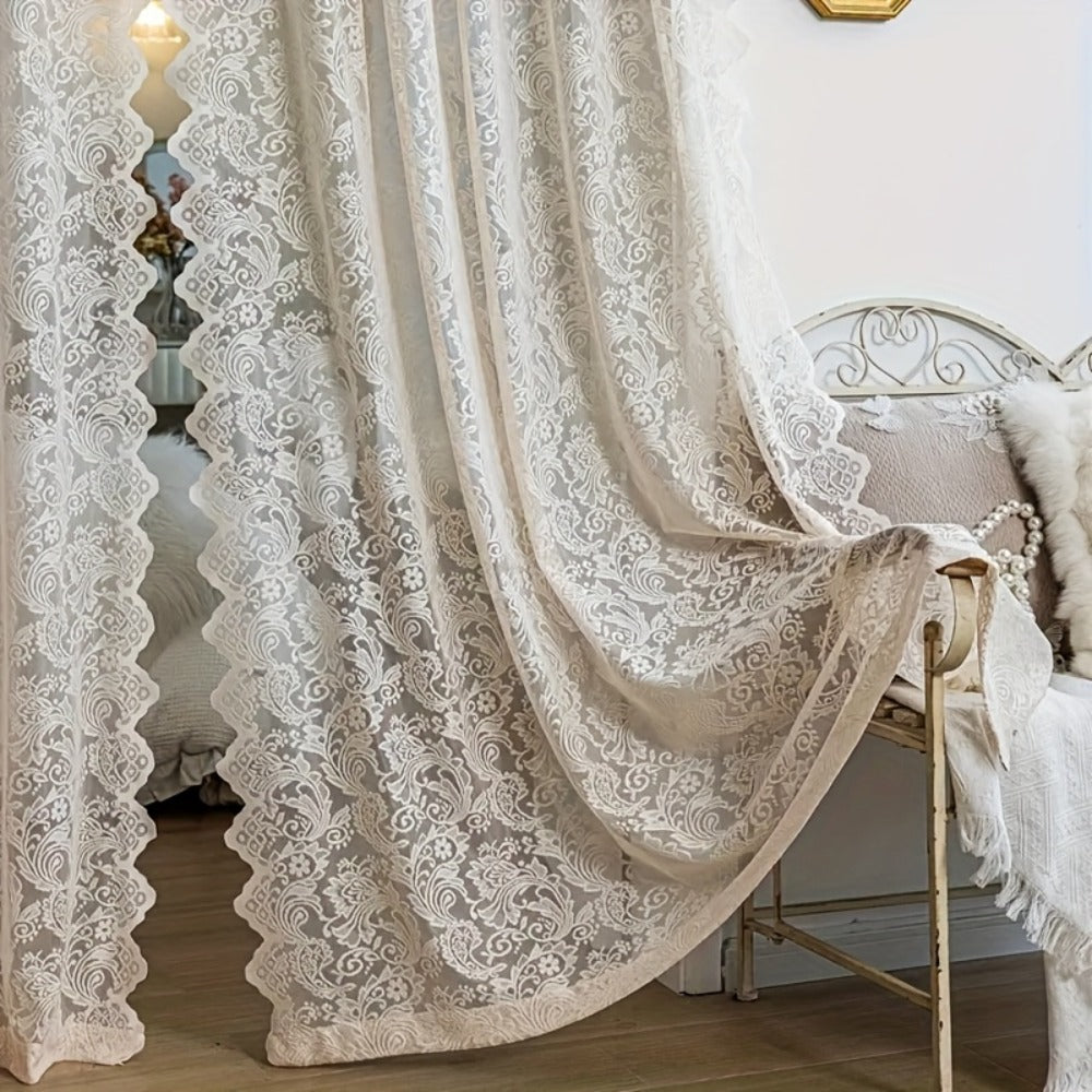 Sheer Curtains French Vintage Lace Rod Pocket Semi-Transparent Polyester Floral Phoenix Tail Design for Bedroom Living Room Partition 140cm Wide