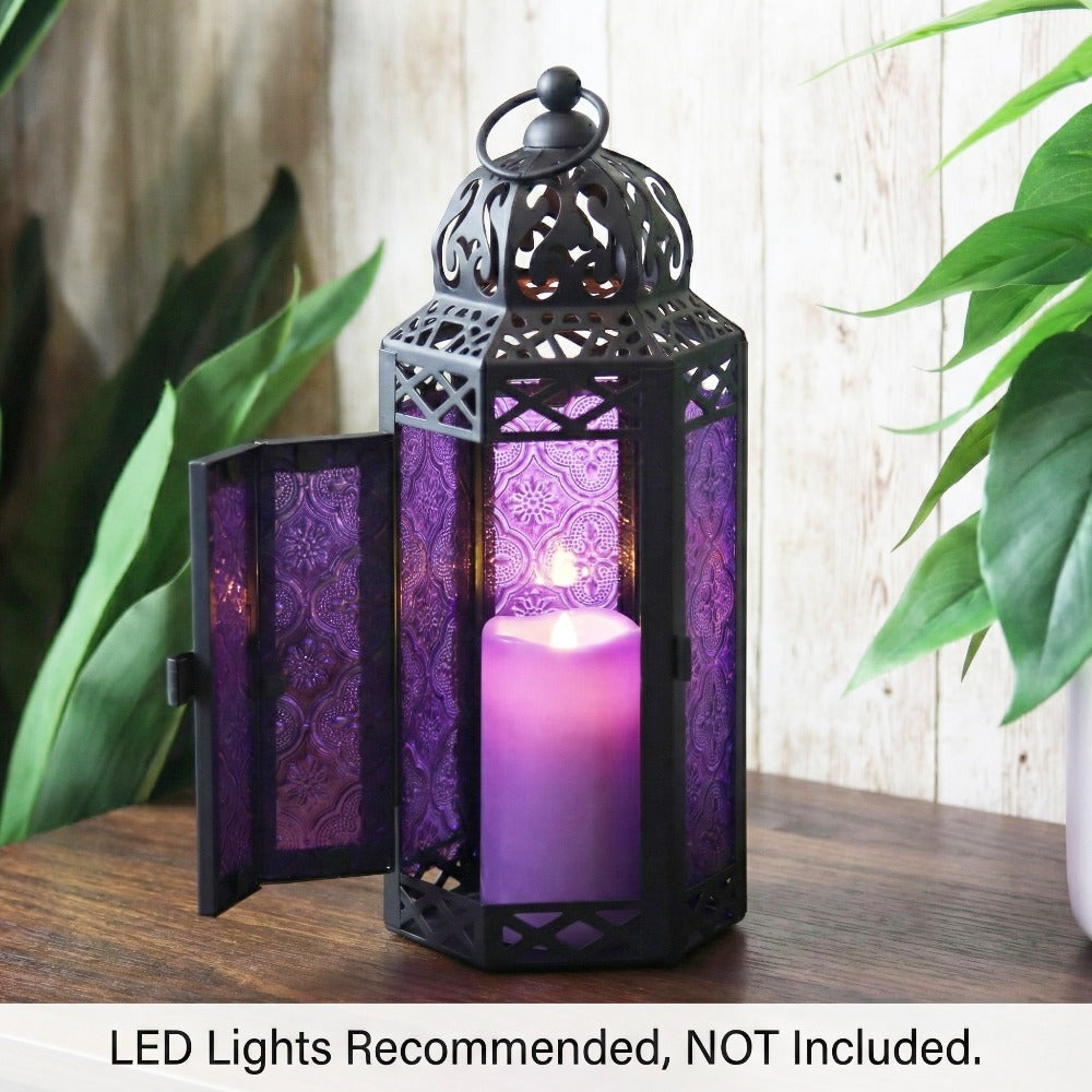 Moroccan Candle Lantern Holder - Decorative Metal & Glass Lantern with Embossed Floral Design for Indoor Home Decor, Garden, Patio, Weddings, Ramadan, Halloween & Holiday Celebrations - 10.5¡± Tall Medium Size