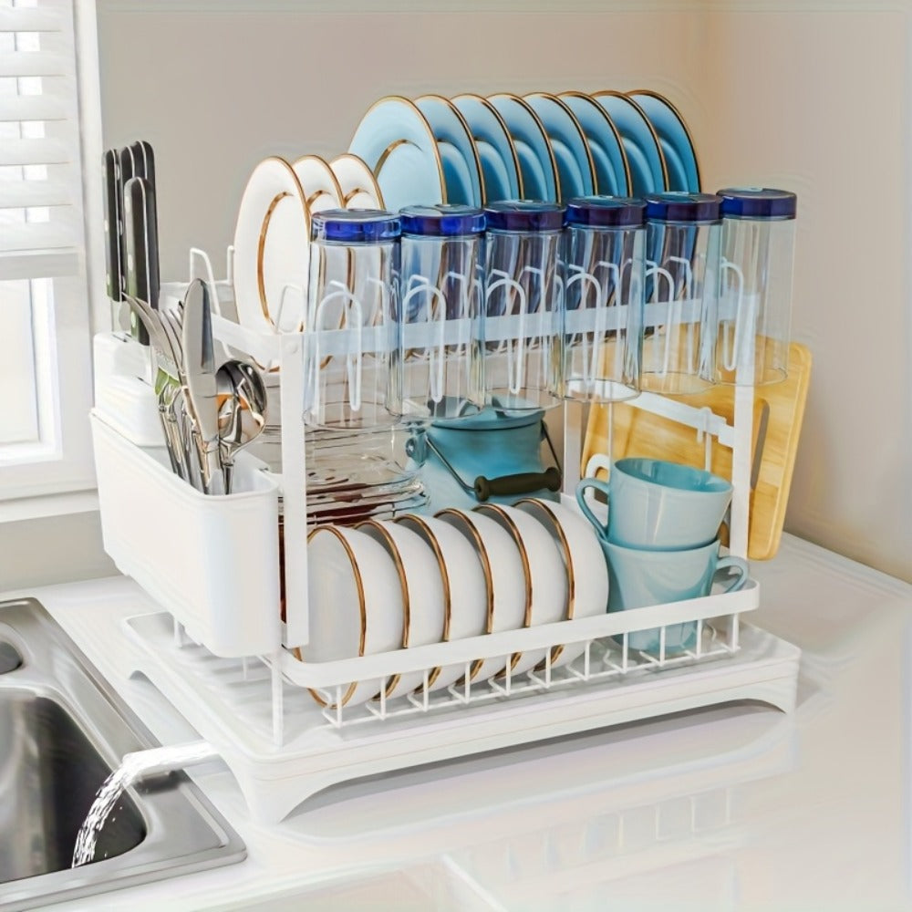 Dish Drying Rack 2 Tier with Drainboard for Kitchen Counter Metal Dish Drainer with Utensil Holder Cups Organizer Space Saving Kitchen Drying Rack Black White